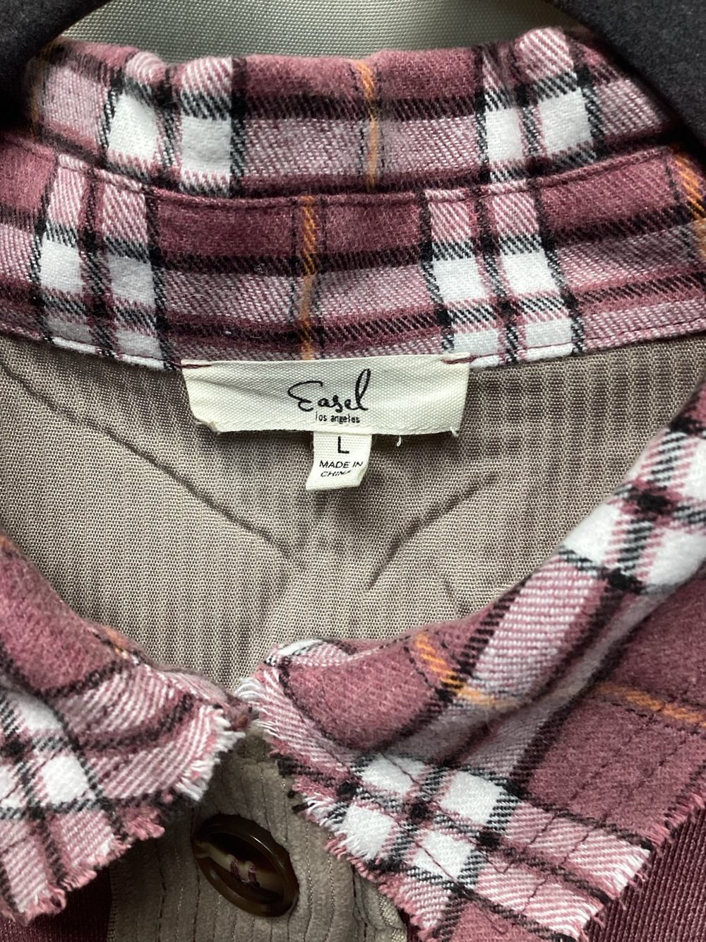 Easel Cotton corduroy mineral washed mixed burgundy tan plaid shacket size Larg - Picture 9 of 9